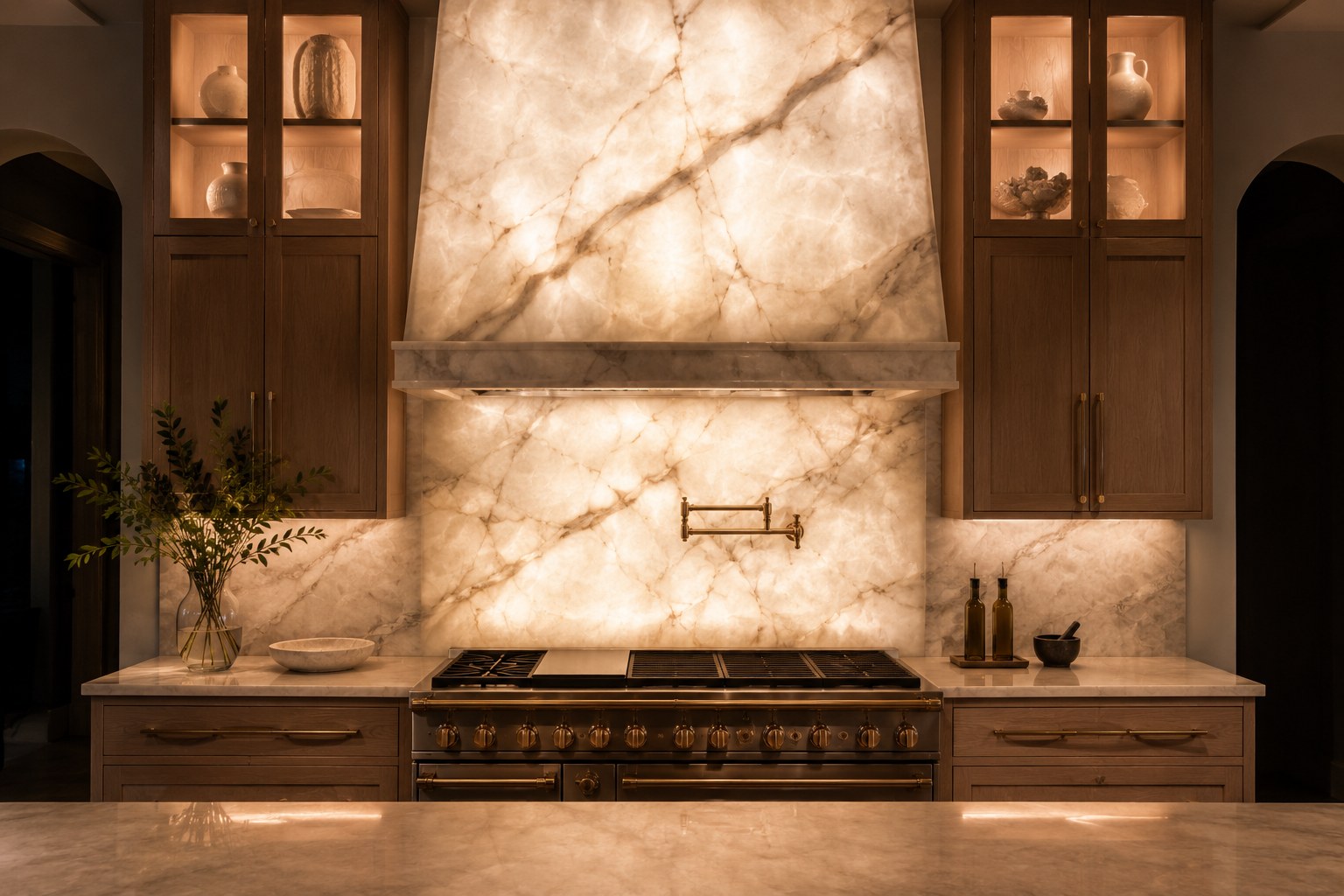 Cristallo Showcase — backlit translucent Cristallo quartzite backsplash and crystal-wrapped vent hood with white oak cabinetry