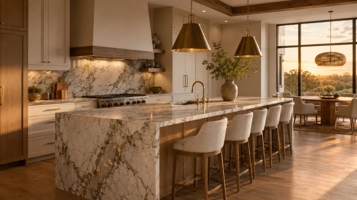 A Copperhead kitchen with a quartzite waterfall island at golden hour