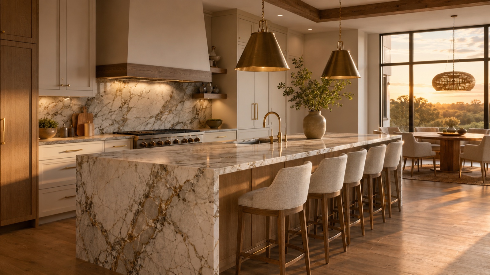 A Copperhead kitchen with a quartzite waterfall island at golden hour