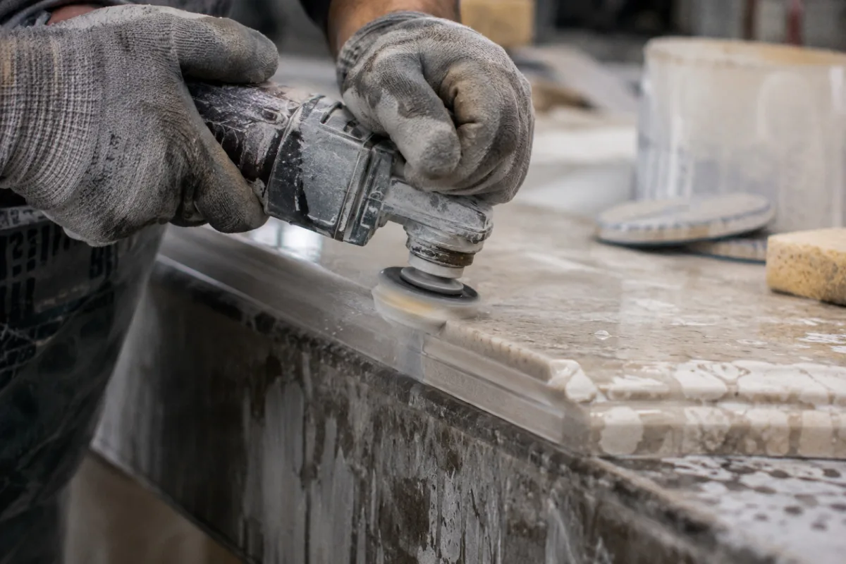 Hand-polishing a finished stone edge profile